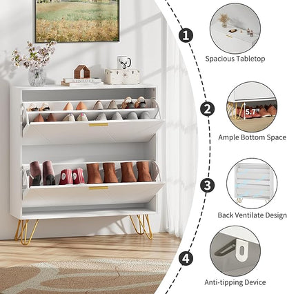 JOZZBY Shoe Cabinet for Entryway Slim Set of 2, White Shoe Cabinet with 2 Flip Drawers, Narrow Shoe Storage Cabinet, Slim Shoe Rack for Entryway, Hallway, Living Room