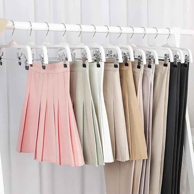 TOPIA HANGER Wooden Pants Hangers,Slim Natural Wood Skirt Hangers with Anti-Rust Hook and Adjustable Metal Clips, Perfect for Skirts, Pants, Slacks-20 Pack-CT17W20