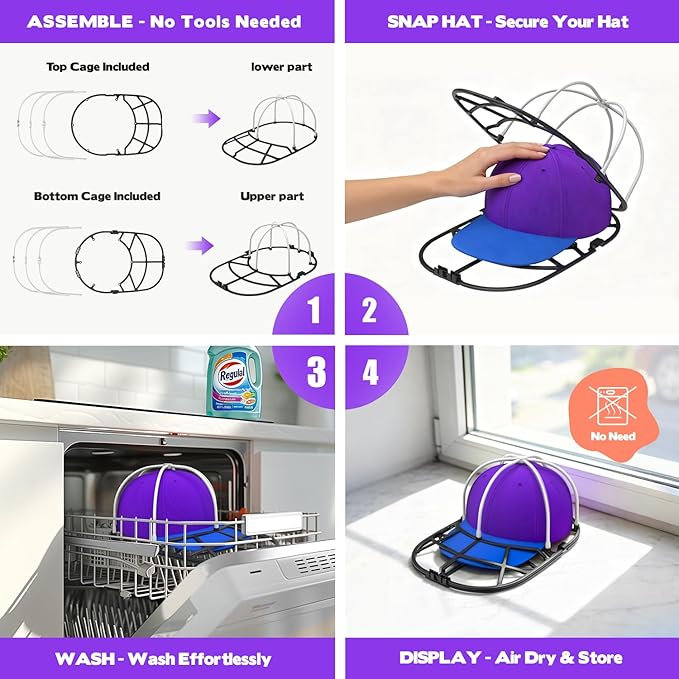 Hat Washer Cage for Washing Machine Baseball Hat Cleaner Rack for Washer & Dishwasher, Structured Cap Shaper & Protector for Hats, 1-Pack (Assembly Required)