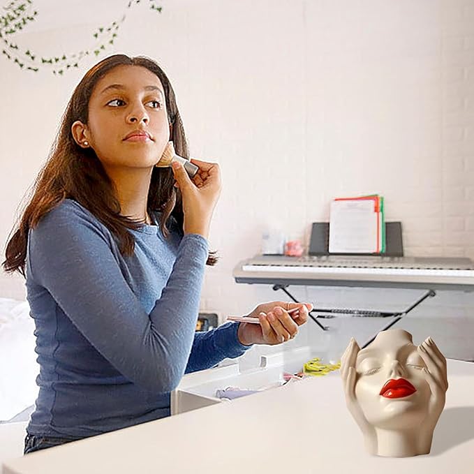 Women's Head Shape Boho Feminist Decoration, Minimalist Statue Storage Decor Face Makeup Brush Holder, Modern Statue Storage Makeup for Table Shelf Living Room Office (Beige 6.30 * 4.72 * 3.15in)