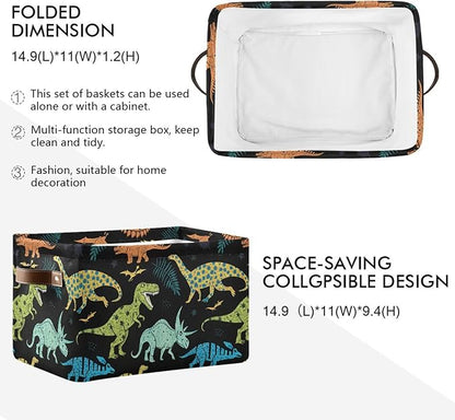 Dinosaur Pattern Storage Basket Bin, Large Cube Storage Box Canvas Collapsible Storage Organizer for Home Office Closet - 15 L x 11 W x 9.5 H