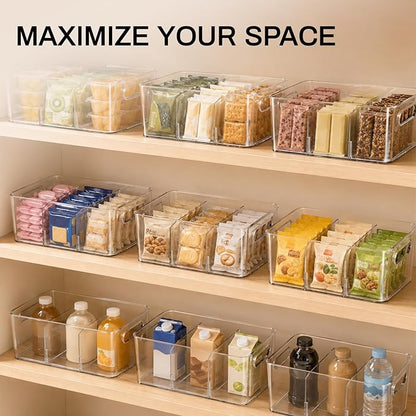 Mpotmiy 6 Pack Pantry Organizers and Storage,Clear Plastic Containers with 2 Dividers for Kitchen,Fridge Organization and Storage,Acrylic Bins for Pounches,Spice Packet,Snack organzier