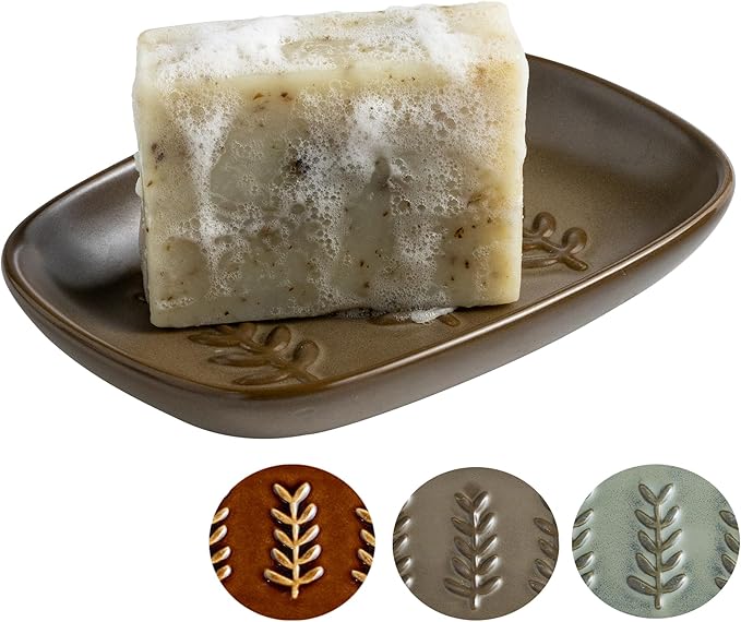 Miamolo Soap Dish Soap Holder Shower, Ceramic Soap Dishes for Bar Soap Sponge, Farmhouse Shower Soap Dish, Large Soap Saver Tray for Bathroom Kitchen Sink, Easy Cleaning, Extend Soap Life, Brown