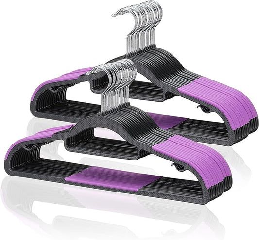 Tonswachic Pack of 30 Coat Hangers, Space-Saving Plastic Clothes Hangers, Non-Slip, 0.2 Inches Slim, 360° Swivel Silver Hook for Shirts, Pants, Suit & Wet/Dry Garments, Purple and Black