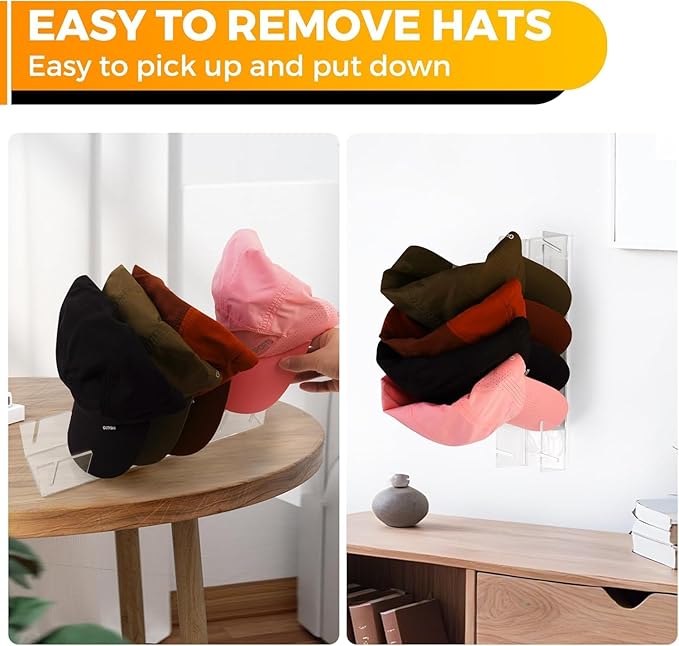 Acrylic Hat Organizer for Baseball Caps, 2-Pack No Installation Hat Rack, Clear Hat Stand Holder with 7 Slots, Non-Slip Adhesive, Bedroom, Entryway, Dresser, Tabletop, Display and Organize