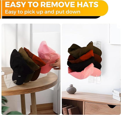 Acrylic Hat Organizer for Baseball Caps, 2-Pack No Installation Hat Rack, Clear Hat Stand Holder with 7 Slots, Non-Slip Adhesive, Bedroom, Entryway, Dresser, Tabletop, Display and Organize