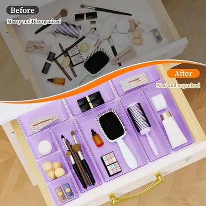 StorMiracle 32 PCS Clear Plastic Drawer Organizer Set, 4-Size vanity organizer Trays and Storage Bins for Makeup, Jewelry and Gadgets in Bedroom, Bathroom and Office, Clear Purple
