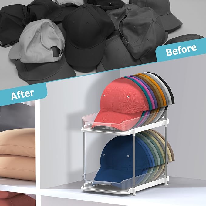 Gomyrod Hat Rack for Baseball Caps, 2-Tier Clear Hat Organizer for Closet Space Saving Hat Storage Holds up to 20 Caps, Pull-Out Cabinet Organiser with Track for Closet & Bedroom