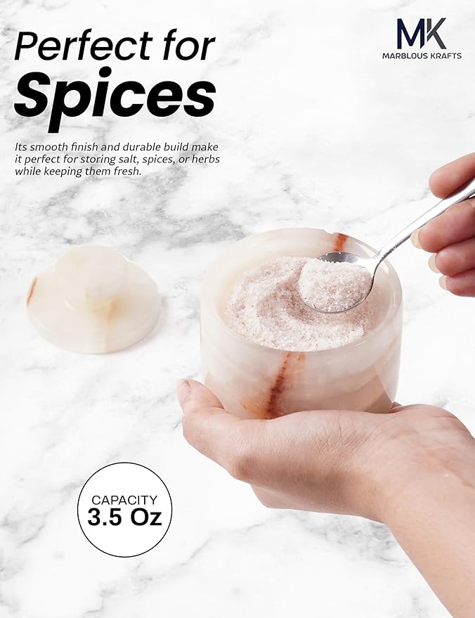 MARBLOUS KRAFTS 3" Marble Salt Cellar with Lid & Spoon White Onyx Flaky Salt Box, Sugar Jar, and Spice Storage Container for Kitchen Countertop, Perfect Ideal Mother’s Day Gift for Mom