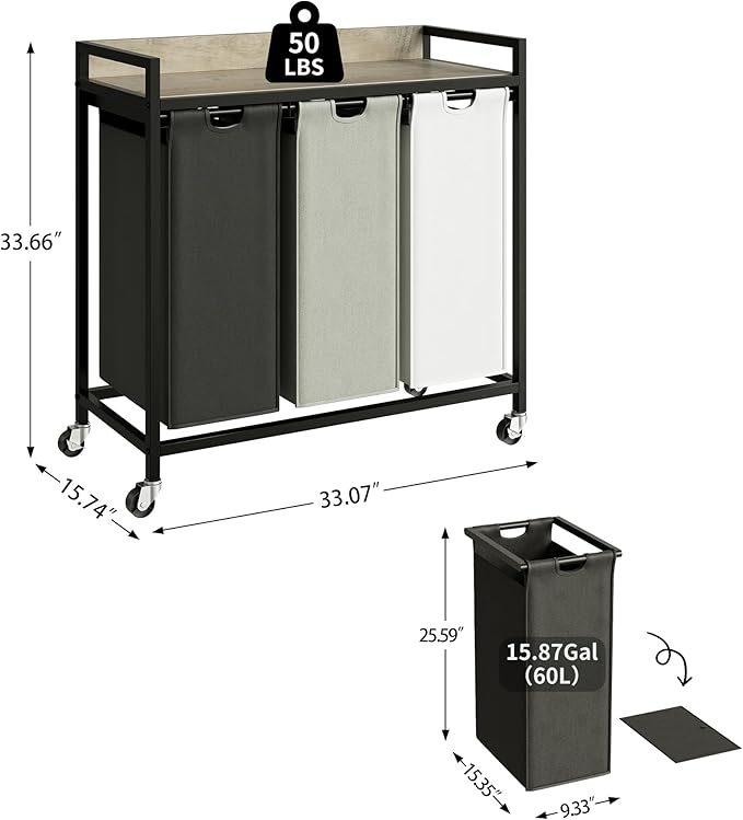 Herture Laundry Hampers with Shelf, Laundry Basket 3 Section, Laundry Sorter with Pull-Out Removable Large 3 Color Bags and Movable Wheels, Metal Frame, 3 x 15.87 Gallons (60L), Greige PF04XLZ