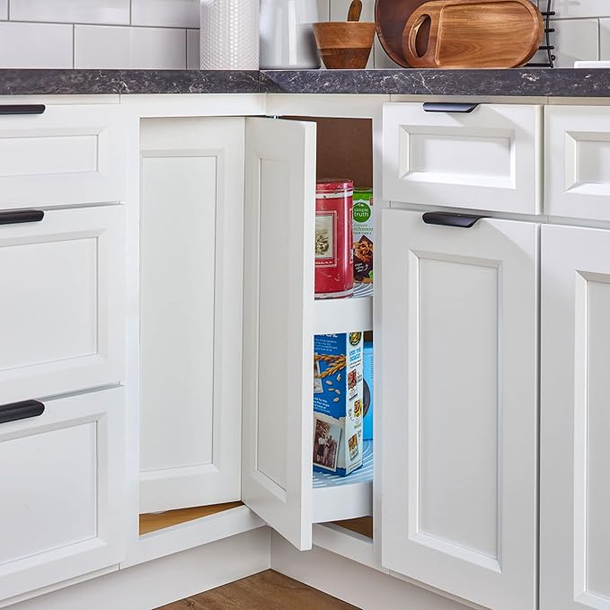 Rev-A-Shelf 28" Pie-Cut Dual Tier Plastic Lazy Susan Organizer for Diagonal Corner Base Cabinets, Rotating Shelves for Kitchen Organization, 28" W x 18" D x 26" H, White, LD-2942-28-11-1