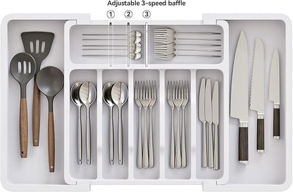 ABHENG Silverware Organizer, Expandable and Adjustable Kitchen Utensil Drawer Organizer, Plastic Cutlery Holder with Multiple Compartments, Cutlery Holder,for Spoons Forks Knives, White, UAFD011W