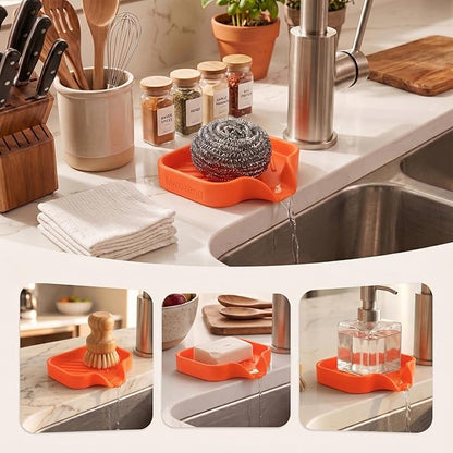 MicoYang Silicone Bathroom Soap Dishes with Drain Spout-Bathroom and Kitchen Sink Organizer,Sponge Holder,Dish Soap Tray,Perfect for Dispenser,Scrubber,Bottle,Cup on Sink or Counter-Orange 4.9"×3.2"