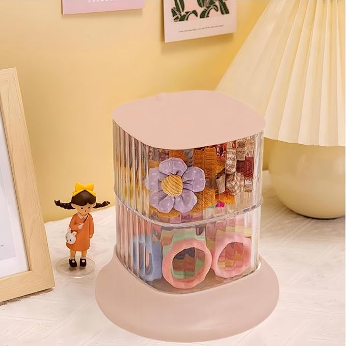 Hair Accessory Organizer, 2-Layer Rotating Clear Hair Tie Organizer for Hair Clips, Headbands, Hair Ties, Earring, Necklace, Ring, Jewelry Boxes & Organizers for Girls & Women (2 Layer-Pink)