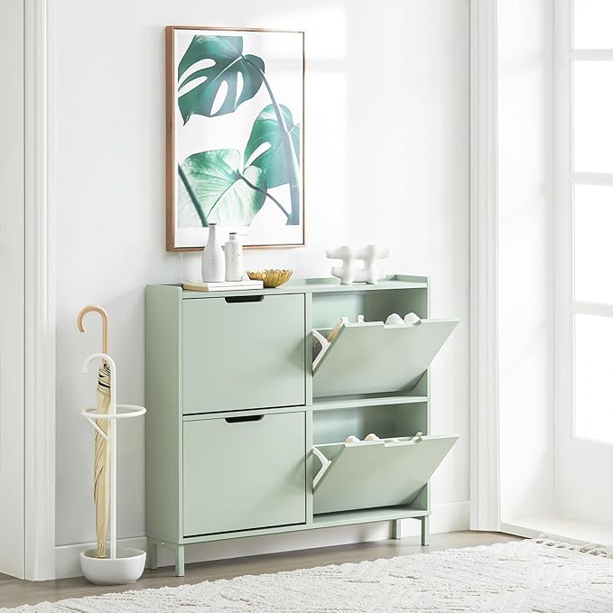 Haotian Green Shoe Cabinet with 4 Flip-Drawers, Narrow Freestanding Shoe Rack, Slim Shoe Organiazer for Entryway Hallway Mudroom(7.5" D x 39.4" W x 35.8" H) FSR100-GR