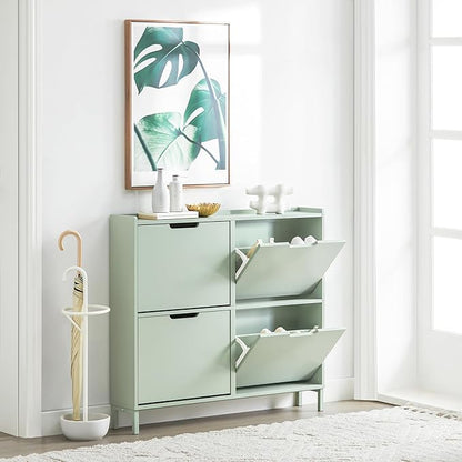Haotian Green Shoe Cabinet with 4 Flip-Drawers, Narrow Freestanding Shoe Rack, Slim Shoe Organiazer for Entryway Hallway Mudroom(7.5" D x 39.4" W x 35.8" H) FSR100-GR