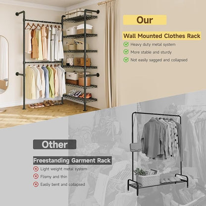 L2 Wall Mounted Closet System, Industrial Pipe Clothing Rack Clothes Racks with 2 Telescopic Rod & 6 Shelves, Heavy Duty Closet Organizers System in Wardrobe Closet, Black