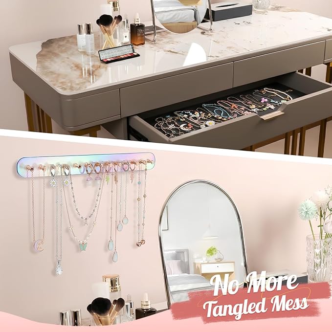 Iridescent Acrylic Necklace Holder Wall Mount, Adhesive Jewelry Organizer with Hooks, 5mm Thick Heavy Duty Hanging Chain Rack for Bathroom, Closet, Door & Dressing Table, 2 Pack