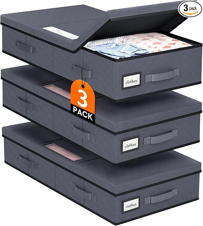 StoreHappily Under Bed Storage Containers with Lids - 3 Pack, Foldable and Stackable Clothes Storage Bags with Clear Window, 3-Sided Handles and Label Slot for Clothing, Blankets, Pillows (Grey)