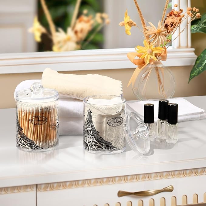 Paris Eiffel Tower Qtip Holder Dispenser 2 PCS Plastic Bathroom Canister Apothecary Jars with Lid 14 oz Vanity Makeup Storage Organizer for Cotton Swabs, Balls, Pads, Floss