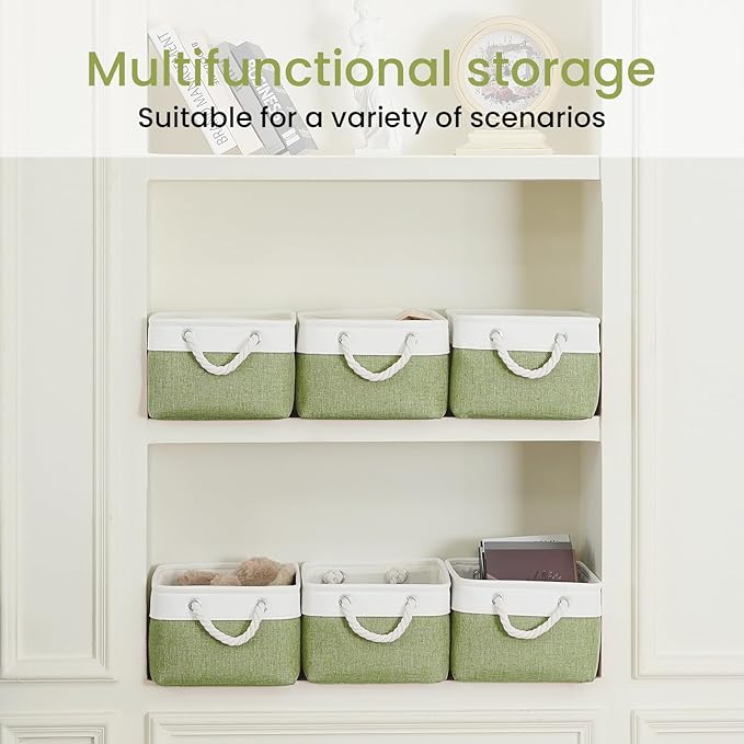 Storage Baskets for Shelves 13.8x9.8x6.7 Inch, Foldable Fabric Storage Bins with Handles, Small Storage Baskets for Organizing Closet, Office, Home Organization (3-Pack, White&Green)