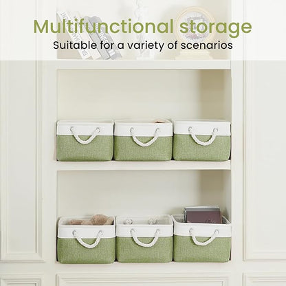 Storage Baskets for Shelves 13.8x9.8x6.7 Inch, Foldable Fabric Storage Bins with Handles, Small Storage Baskets for Organizing Closet, Office, Home Organization (3-Pack, White&Green)