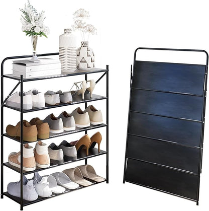 5 Tier No-Assembly Shoe Rack, Foldable Shoes Rack Organizer Without Installation, Portable Solid Metal Shoe Shelves for Closet, Entryway, Front Door Entrance