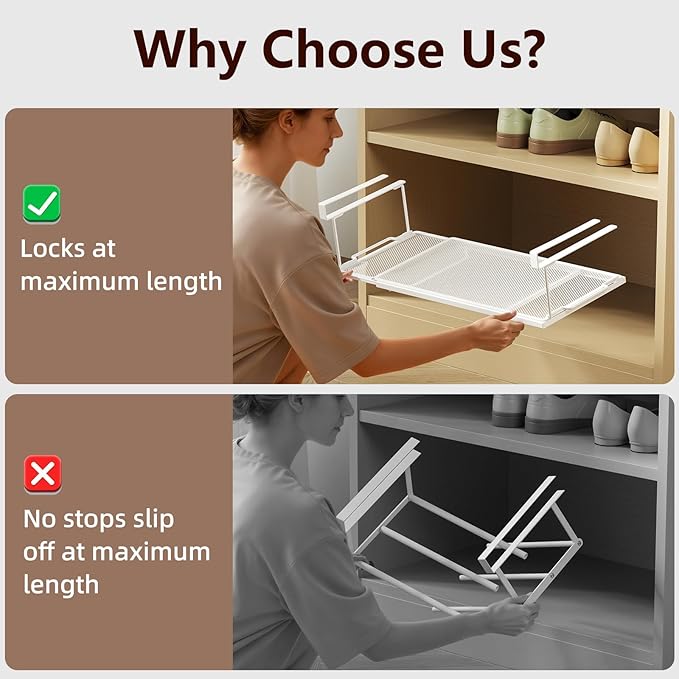 Expandable Under-Shelf Shoe Rack for Closet(1-Pack) - Adjustable Under Shelf Storage Organizer, No-Tool Installation Sturdy Metal Hanging Shelves for Sneakers, Flats & Casual Shoes (White)