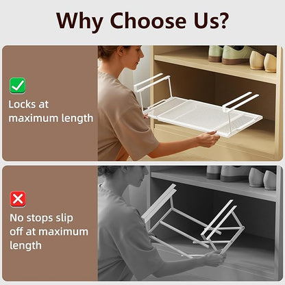 Expandable Under-Shelf Shoe Rack for Closet(1-Pack) - Adjustable Under Shelf Storage Organizer, No-Tool Installation Sturdy Metal Hanging Shelves for Sneakers, Flats & Casual Shoes (White)