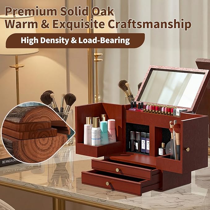 Makeup Organizer Countertop with Drawers: Wooden Multifunctional Dresser Top Cosmetics Storage Tabletop Skin Care Organizer Shelf for Desktop, Skincare, Beauty Supplies, Cosmetics Display