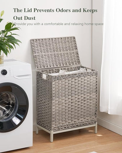 SETVSON Laundry Hamper with Lid, 112 L Handwoven Rattan Wicker Laundry Basket, 2 Removable Liner Bags Metal Heightened Feet, 6 Mesh Bags, 2 Section Large Clothes Hamper for Bathroom Bedroom, Gray