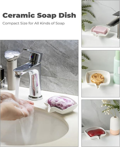 Soap Dish with Waterfall Design, Ceramic Soap Holder Self Draining Bar Soap Saver for Sink Bathroom Shower Kitchen to Keep Organized and Clean, White