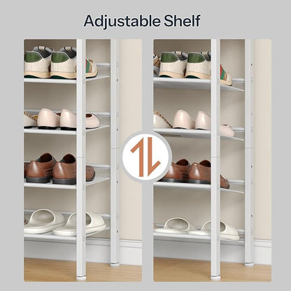 HOOBRO Shoe Rack for Entryway, 5-Tier Shoe Organizer with Adjustable Mesh Shelves, 12-16 Pairs of Shoes, Spacious Floor Mount, Metal, Industrial, Shoe Shelf for Closet, Natural and White WN12XJ01