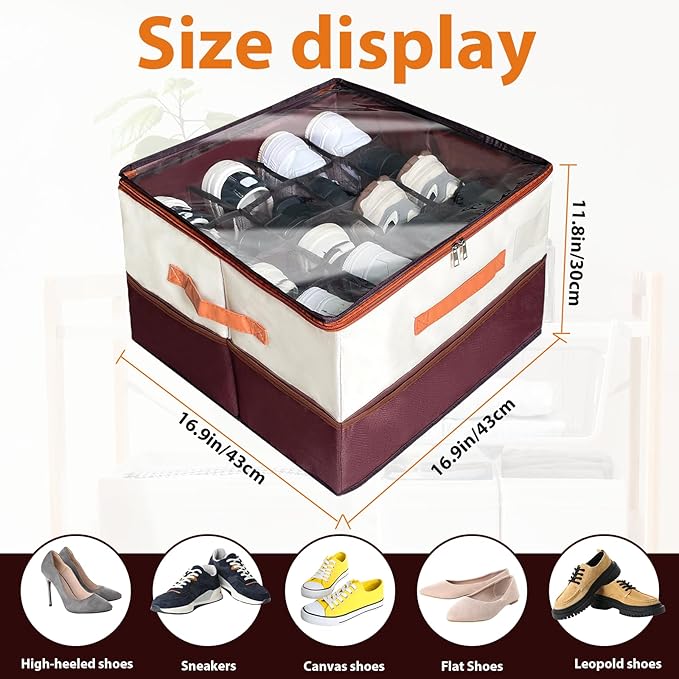 16-Grid Multifunctional Foldable Shoe Organizer, Collapsible Fabric Bin with Handles & Mesh Pockets, Space-Saving Stackable Closet Storage for Shoes, Socks & Accessories (16.9"x16.9"x12.2")