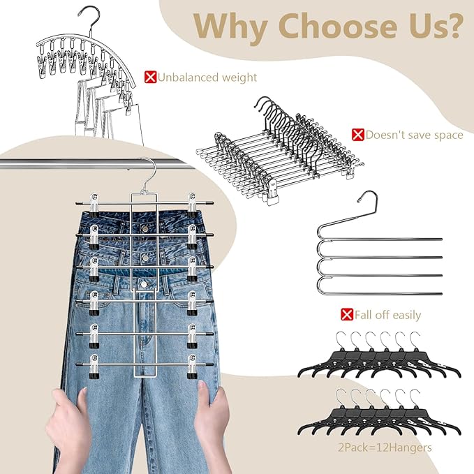 Pants Hangers with Clips,Space Saving Hanging Closet Organizer-6 Tiers Skirt Hangers with 360° Swivel Hook,Closet Organizer-Clothes Hangers- College Dorm Essentials Apartment Essentials- 6 Pack
