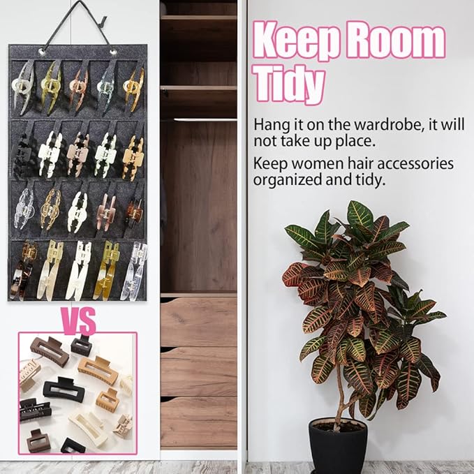 Claw Clip Organizer,Large Hair Clip Organizer,Premium Felt Hanging Claws Clips Storage Hanger for Girls Women Hair Clip,Banana Clip,Bows(NO Accessories) Display Stand for Wall Door Closet (Dark Grey)