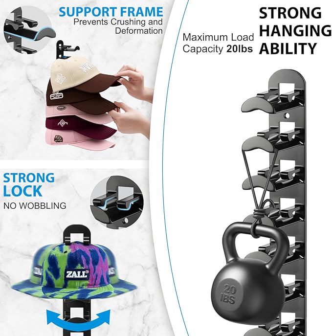 4 Pack Hat Organizer for Baseball Caps, Hat Rack for Wall Hold Up to 40 Hats, Hat Holder with Strong Adhesive and Screws,Cap Organizer Hat Hanger Display for Door Closet Bedroom(4pcs,B-Black)