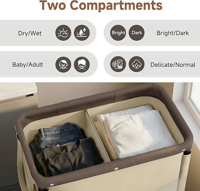 StorageWorks Laundry Hamper 2 Section, 100L Rolling Laundry Sorter Cart with Removable and Washable Liner Bag, Clothes Hamper with Wheels and Handle for Laundry Room and Bedroom, Light Khaki