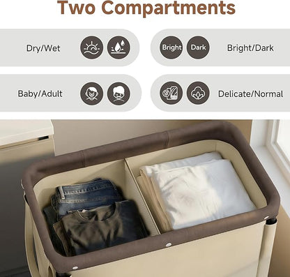 StorageWorks Laundry Hamper 2 Section, 100L Rolling Laundry Sorter Cart with Removable and Washable Liner Bag, Clothes Hamper with Wheels and Handle for Laundry Room and Bedroom, Light Khaki