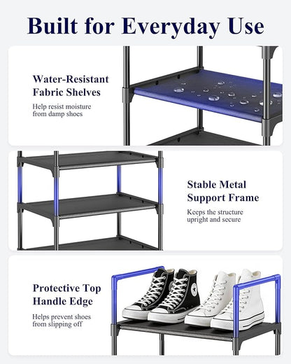 Kitsure Shoe Rack - 10-Tier Shoe Organizer with Detachable Fabric Shelves & Metal Frame, Tall Shoe Rack for Closet, Entryway, Living Room, 16.9" Wide - 10 Tier, Black