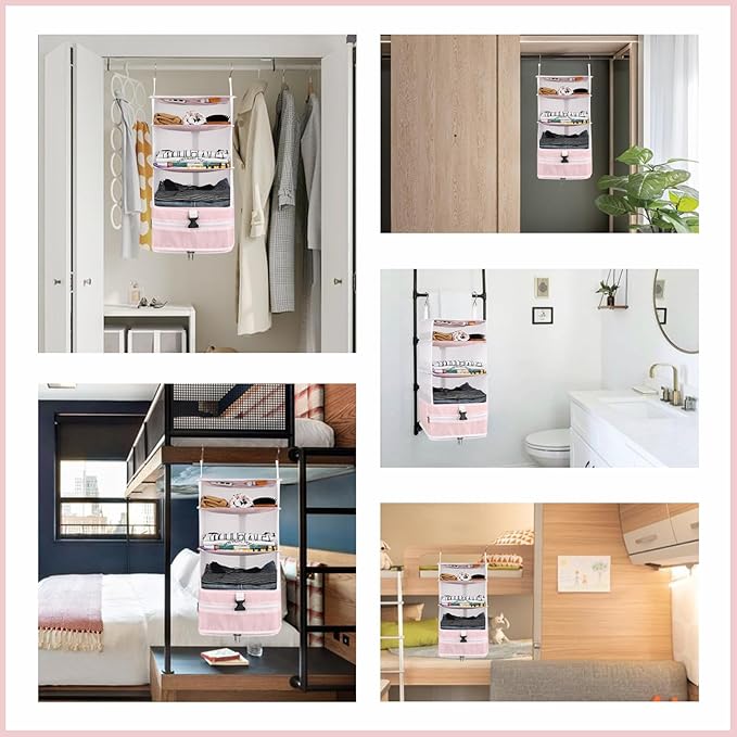 Surblue Hanging Closet Storage Bag Collapsible 3-Shelf Washable Oxford Fabric with 2 Hooks (L 11.41 * 11.41 * 19.68in, Pink)