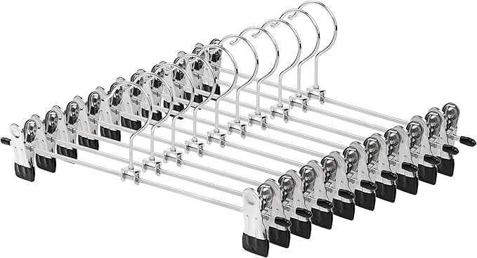 Metal Pants Hangers with Clips, Lightweight Skirt Hangers, 13 Inch, Strong Grip Clips, Black and Silver, 15 lb Capacity