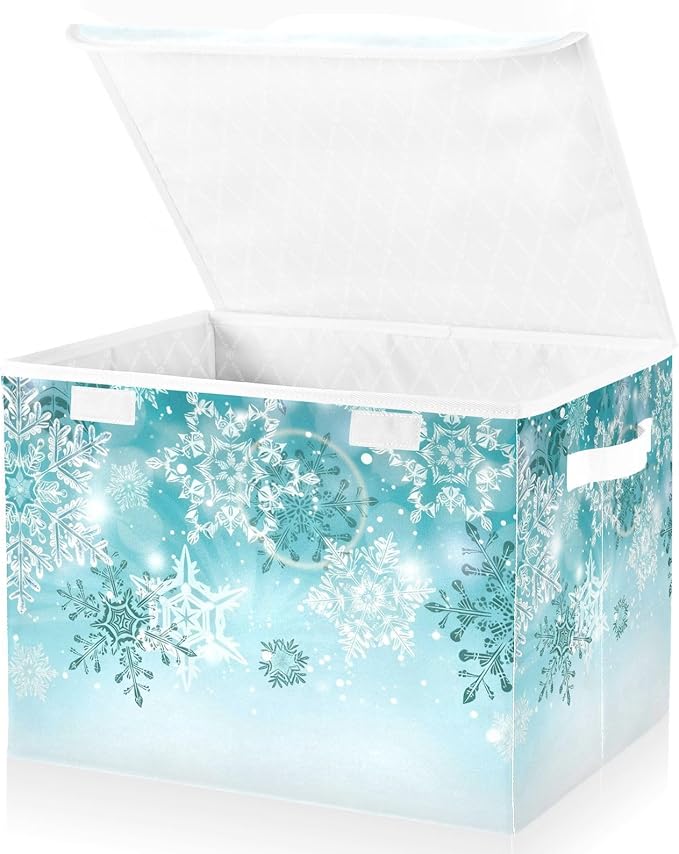 Senya Collapsible Storage Bins with Lids, Silver Winter Teal Turquoise Snowflakes Christmas Storage Boxes Clothes Baskets for Organizing