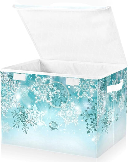 Senya Collapsible Storage Bins with Lids, Silver Winter Teal Turquoise Snowflakes Christmas Storage Boxes Clothes Baskets for Organizing