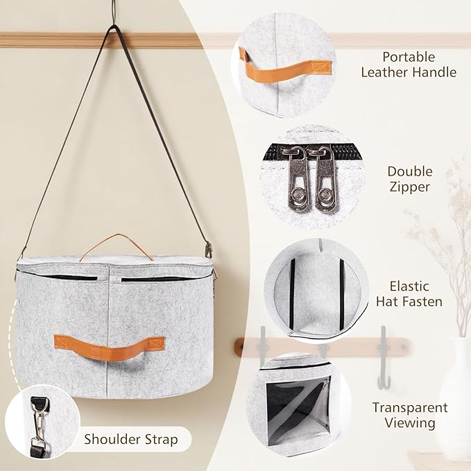 HEAVYWOOD Hat Box for Women Storage Travel Felt Hat Case for Wide-Brim Cowboy Hat Storage Foldable Organizer for Closet Large Round Hat Carrier with Portable Handle Shoulder Strap (Light Gray)