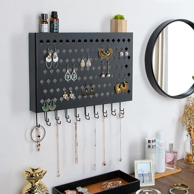 JackCubeDesign Wall Mounted Jewelry Organizer, Earring Necklace Bracelet Holder Display Hanger with 109 Holes & 19 Hooks (Black,16.5 x 2.4 x 13.2 inches) - MK329A