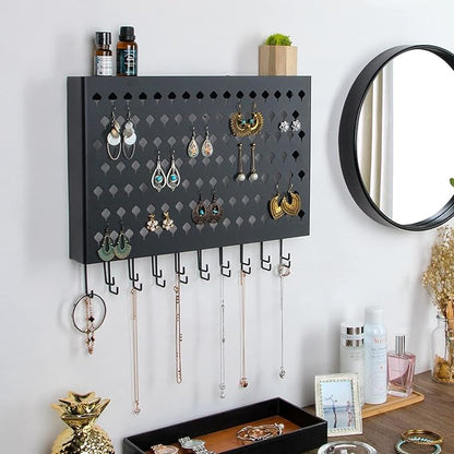 JackCubeDesign Wall Mounted Jewelry Organizer, Earring Necklace Bracelet Holder Display Hanger with 109 Holes & 19 Hooks (Black,16.5 x 2.4 x 13.2 inches) - MK329A