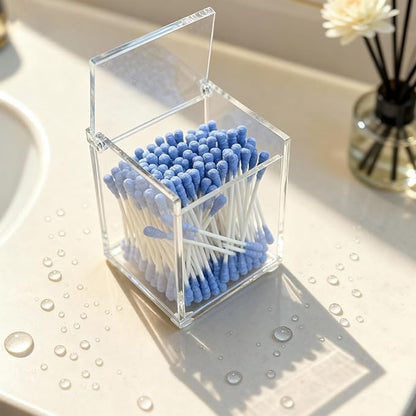 Clear Acrylic Qtip Holder with Lid, Cotton Balls Swab Organizer, 2.95" x 2.56" x 3.94" Dispenser for Makeup Pad, Floss Picks, Bath Salts, Cosmetic Storage Case, Home Bathroom Decor (DP058)