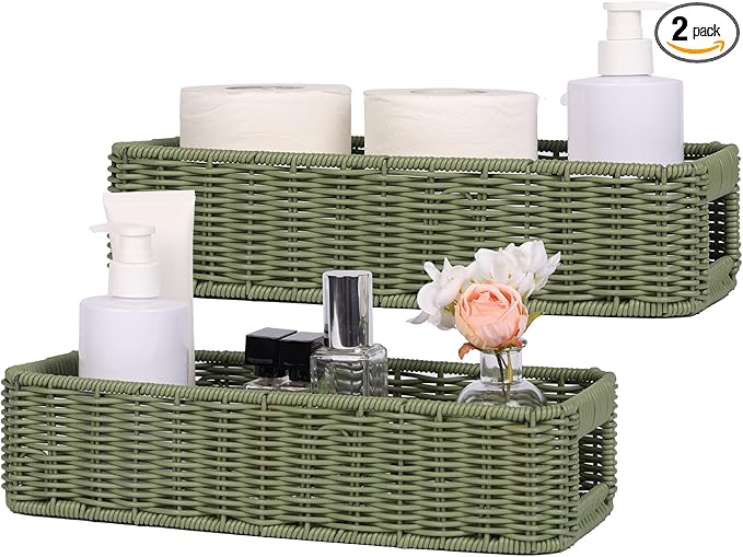 Small Resin Wicker Basket: Waterproof Sage Green Vanity Organizer 2-Pack for Modern Minimalist Decor