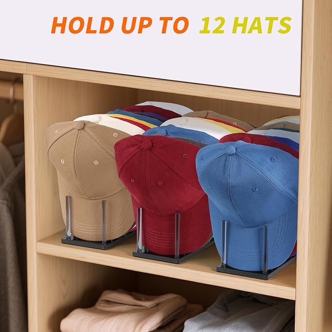 Hat Organizer for Baseball Caps, Acrylic Hat Rack for 12 Baseball Caps, Hat Holder Display and Organizer for Closet, Tabletop, Dressing Table (Transparent Black)